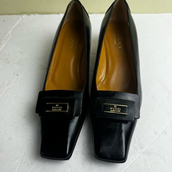 Gucci Tom Ford Vintage NEW Leather Logo Square Toe Kitten Heel shoes Loafers 7B - Picture 6 of 16